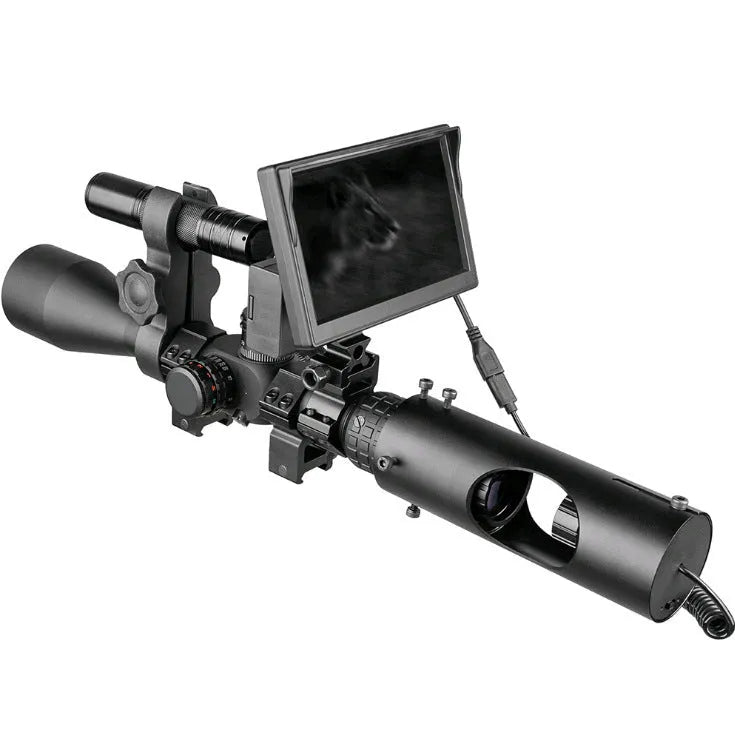 Black digital night vision goggles with 5 inch LCD display and infrared transmitter for 200 metre viewing