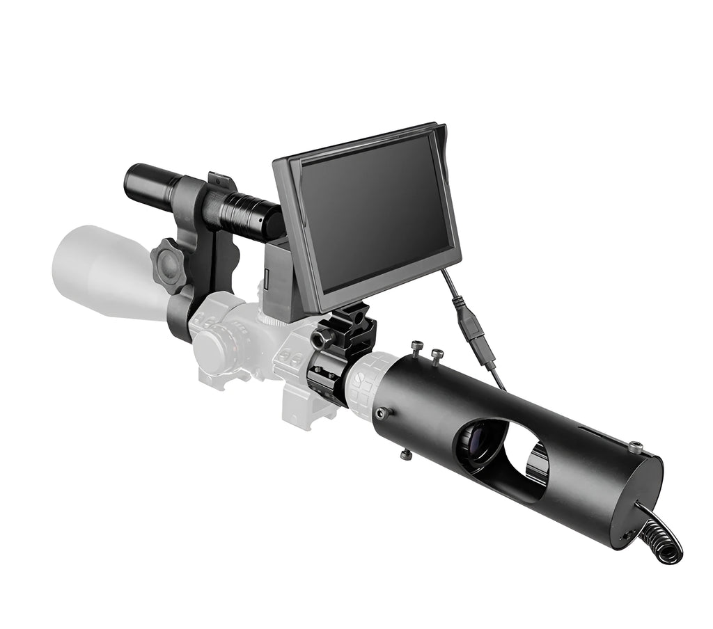 Black digital night vision goggles with 5 inch LCD display and infrared transmitter for 200 metre viewing