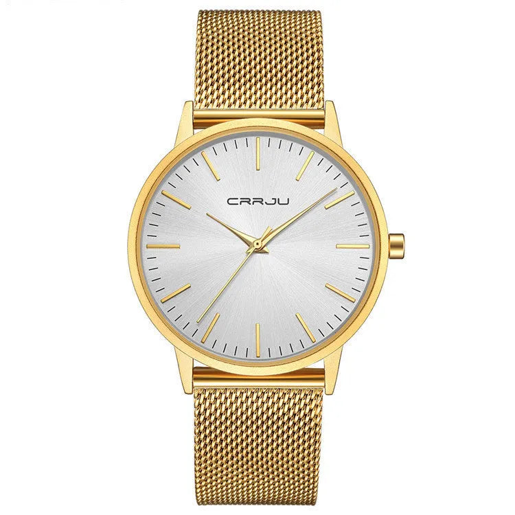 Casual men's and women's quartz watch with alloy case, plexiglass mirror, and a metal mesh strap.