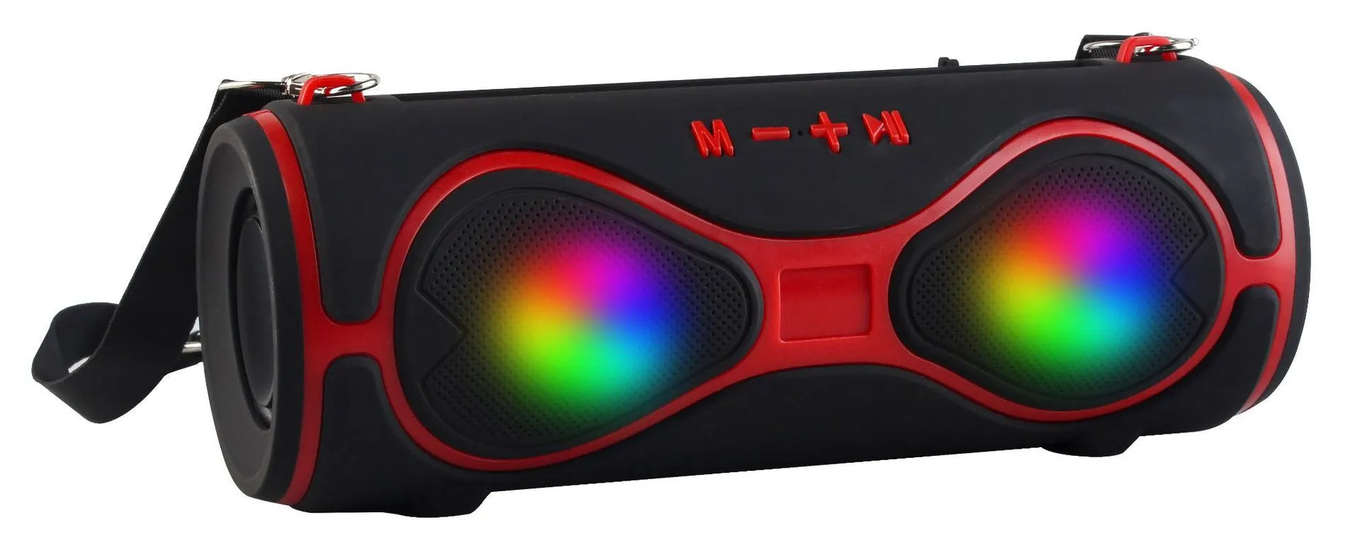 Multifunctional lantern Bluetooth speaker with shoulder strap and phone stand in black, blue, orange, red, or silver grey.