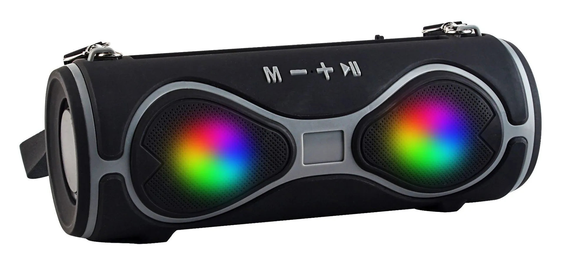 Multifunctional lantern Bluetooth speaker with shoulder strap and phone stand in black, blue, orange, red, or silver grey.