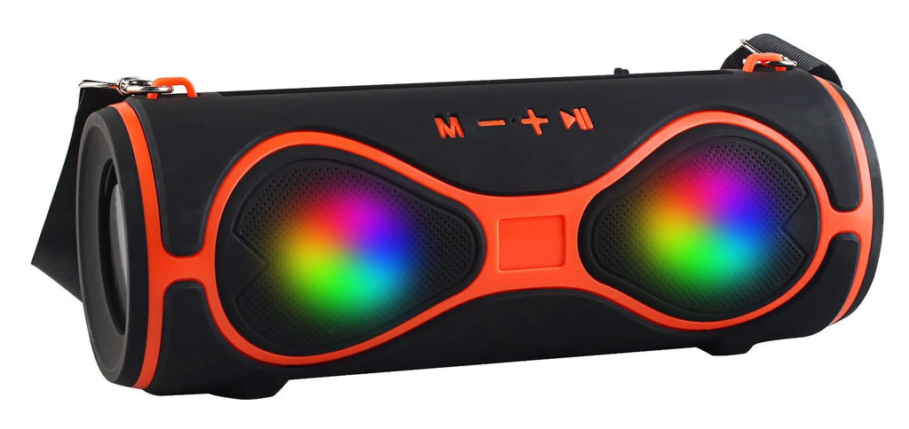 Multifunctional lantern Bluetooth speaker with shoulder strap and phone stand in black, blue, orange, red, or silver grey.