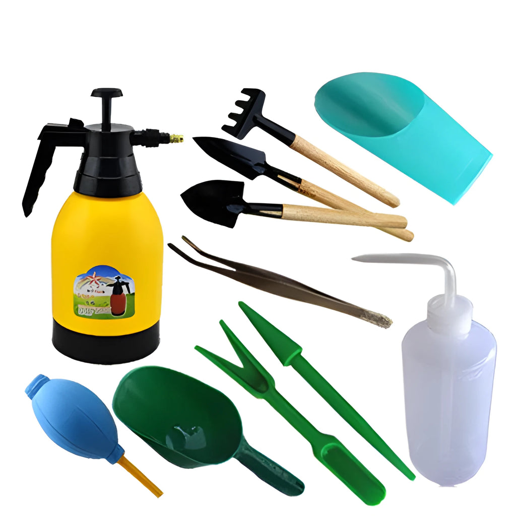 Succulent gardening tools set with blue and orange seedling cloth, mini rake, tweezers, and spray bottle