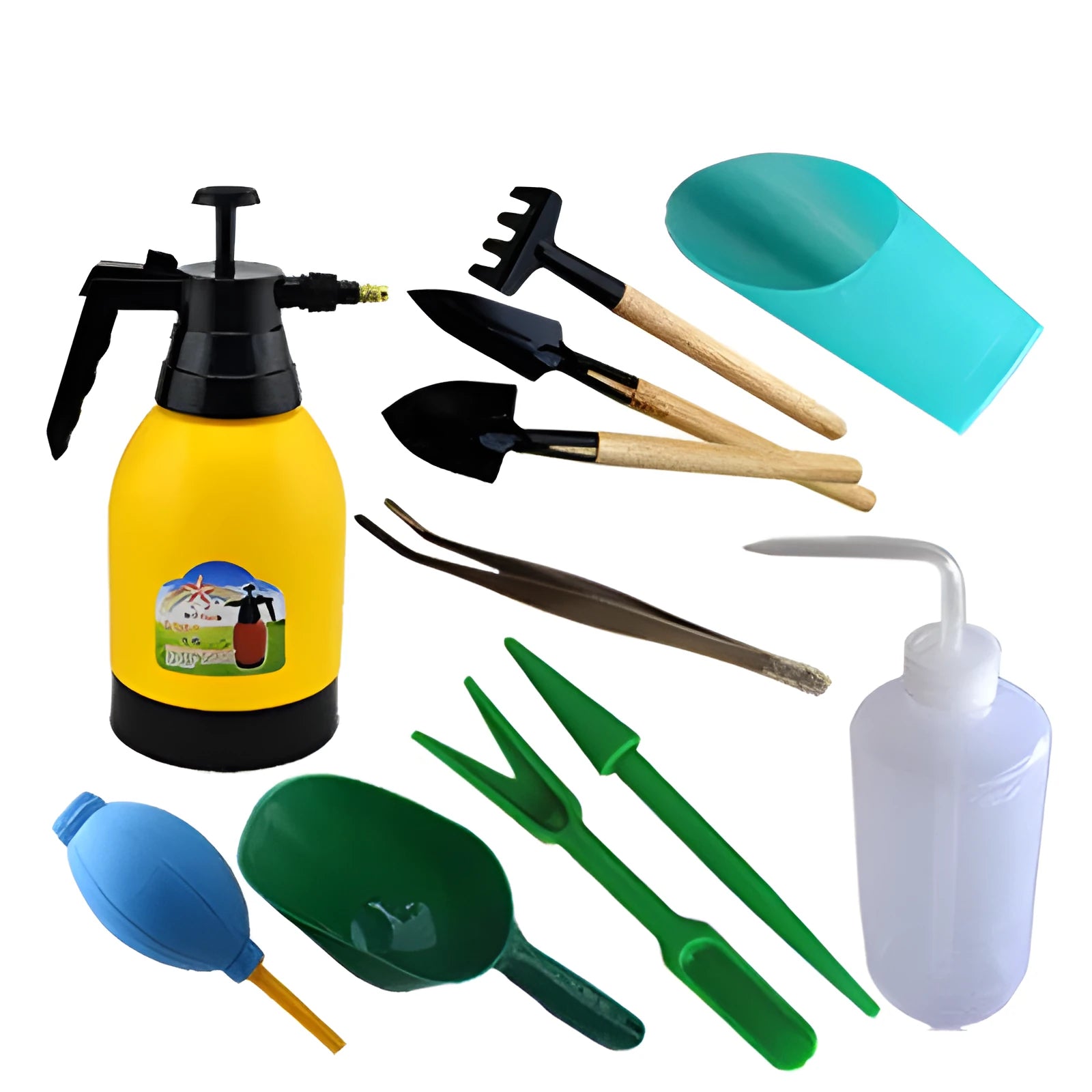 Succulent gardening tools set with blue and orange seedling cloth, mini rake, tweezers, and spray bottle