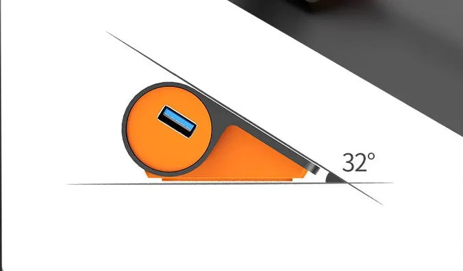 Dark grey and orange aluminium USB C hub with four USB 3.1 ports and a long black data cable.