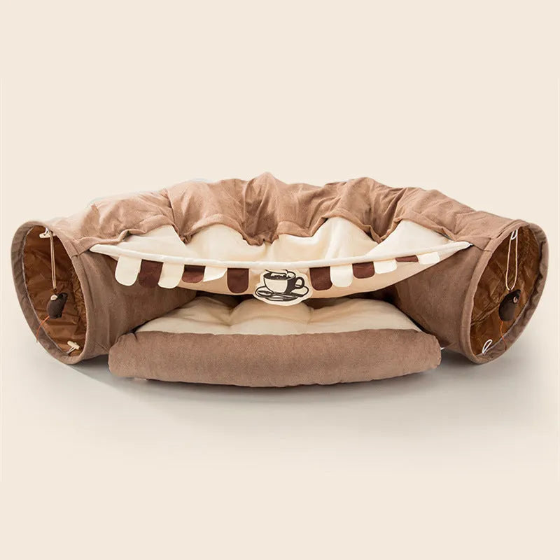 Collapsible cloth cat tunnel shown in one of four colour options: bar, coffee, matcha, or pink.