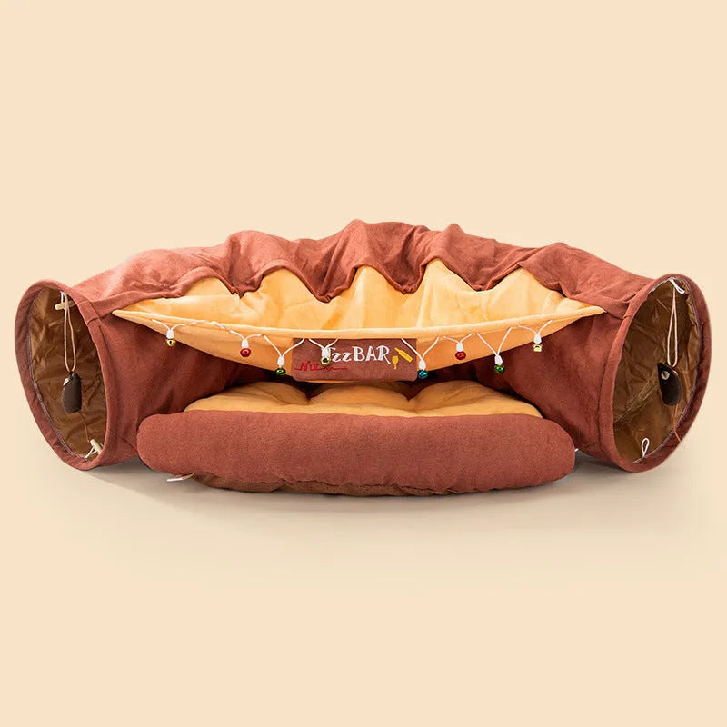 Collapsible cloth cat tunnel shown in one of four colour options: bar, coffee, matcha, or pink.