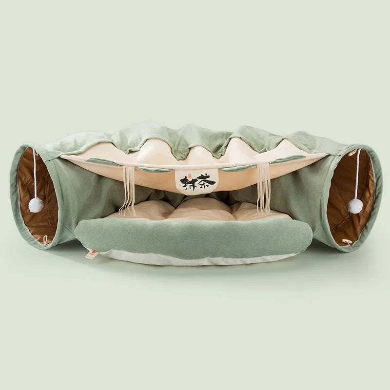 Collapsible cloth cat tunnel shown in one of four colour options: bar, coffee, matcha, or pink.