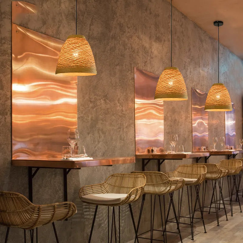 Rattan woven ball pendant light with adjustable cord and natural materials for commercial and residential lighting