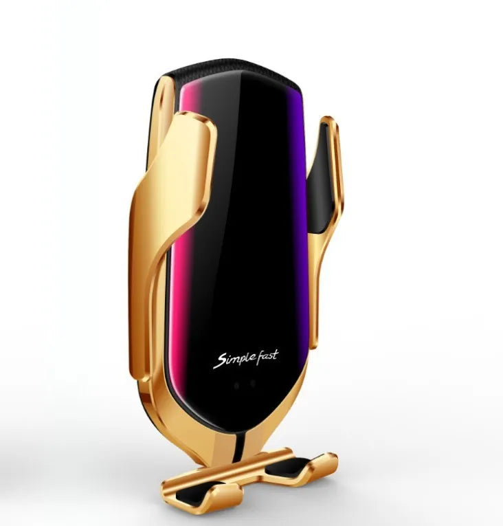 R1 automatic wireless car phone holder with charging pad and clamping arms in gold finish