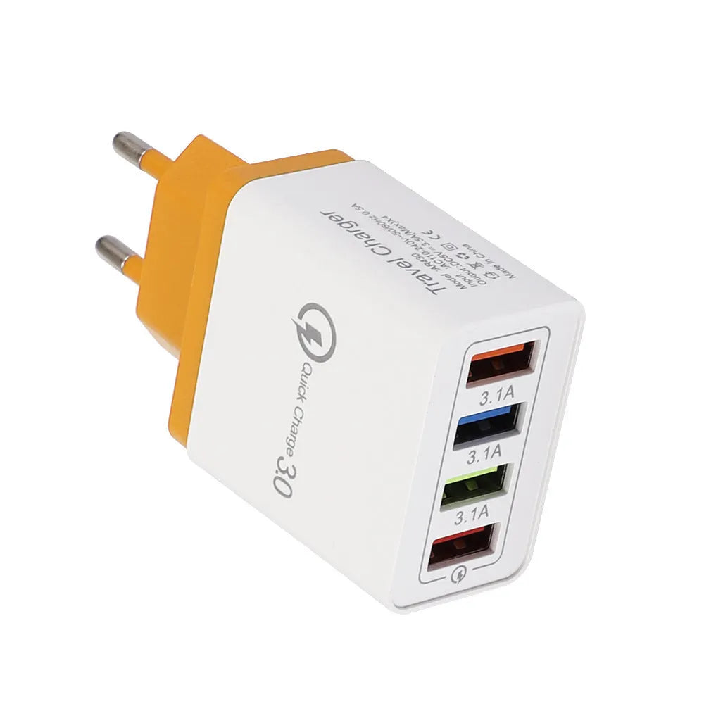 Dark Blue 4-port USB mobile phone charger with EU plug, showing dimensions and USB ports.