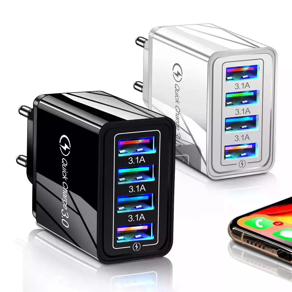 Dark Blue 4-port USB mobile phone charger with EU plug, showing dimensions and USB ports.