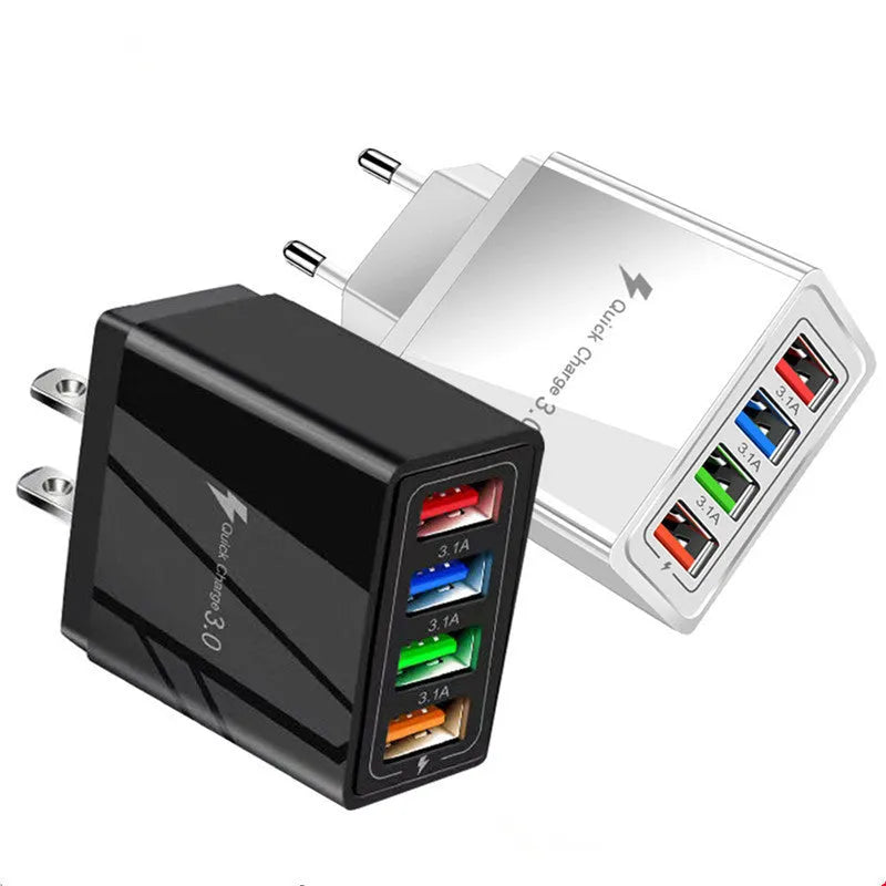 Dark Blue 4-port USB mobile phone charger with EU plug, showing dimensions and USB ports.