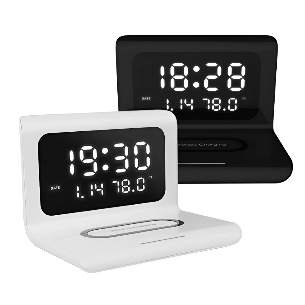 White wireless charger alarm clock displaying time, calendar, temperature and humidity with 10W charging capability