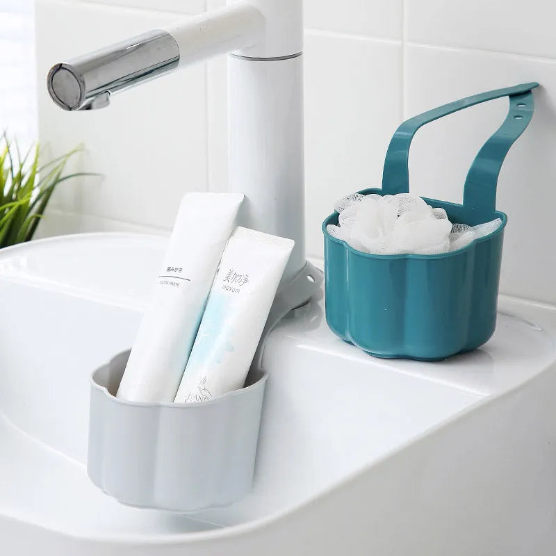 Plastic sink drain basket in dark blue colour showing 20cm length and 10cm width dimensions