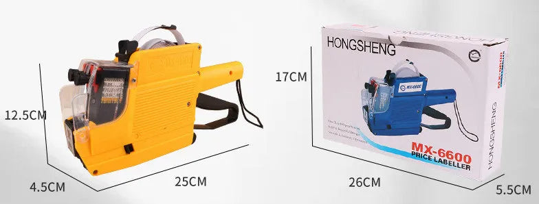 Blue handheld manual price labelling machine for supermarket bottles with ink roller and paper rolls.