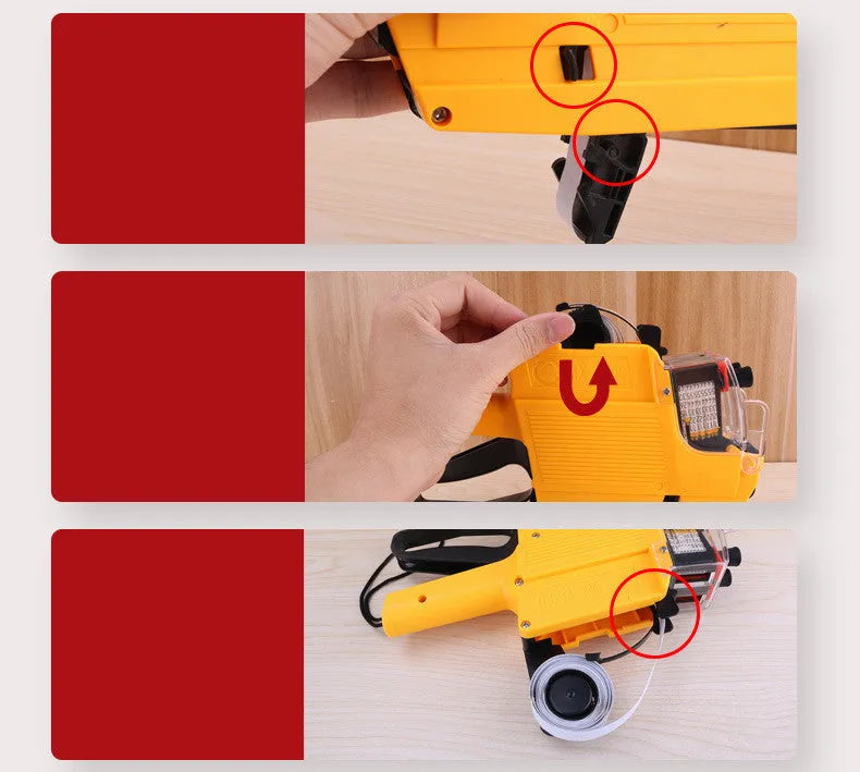 Blue handheld manual price labelling machine for supermarket bottles with ink roller and paper rolls.
