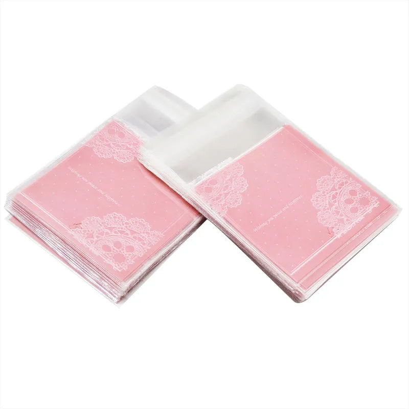 Pink self-adhesive plastic packaging bags for handmade soap with 7x7+3cm dimensions