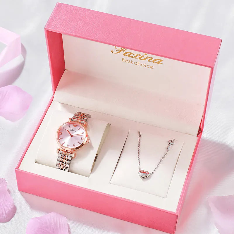 Rose gold gypsophila quartz watch set with 32mm dial, alloy strap, and matching titanium steel heart-shaped necklace