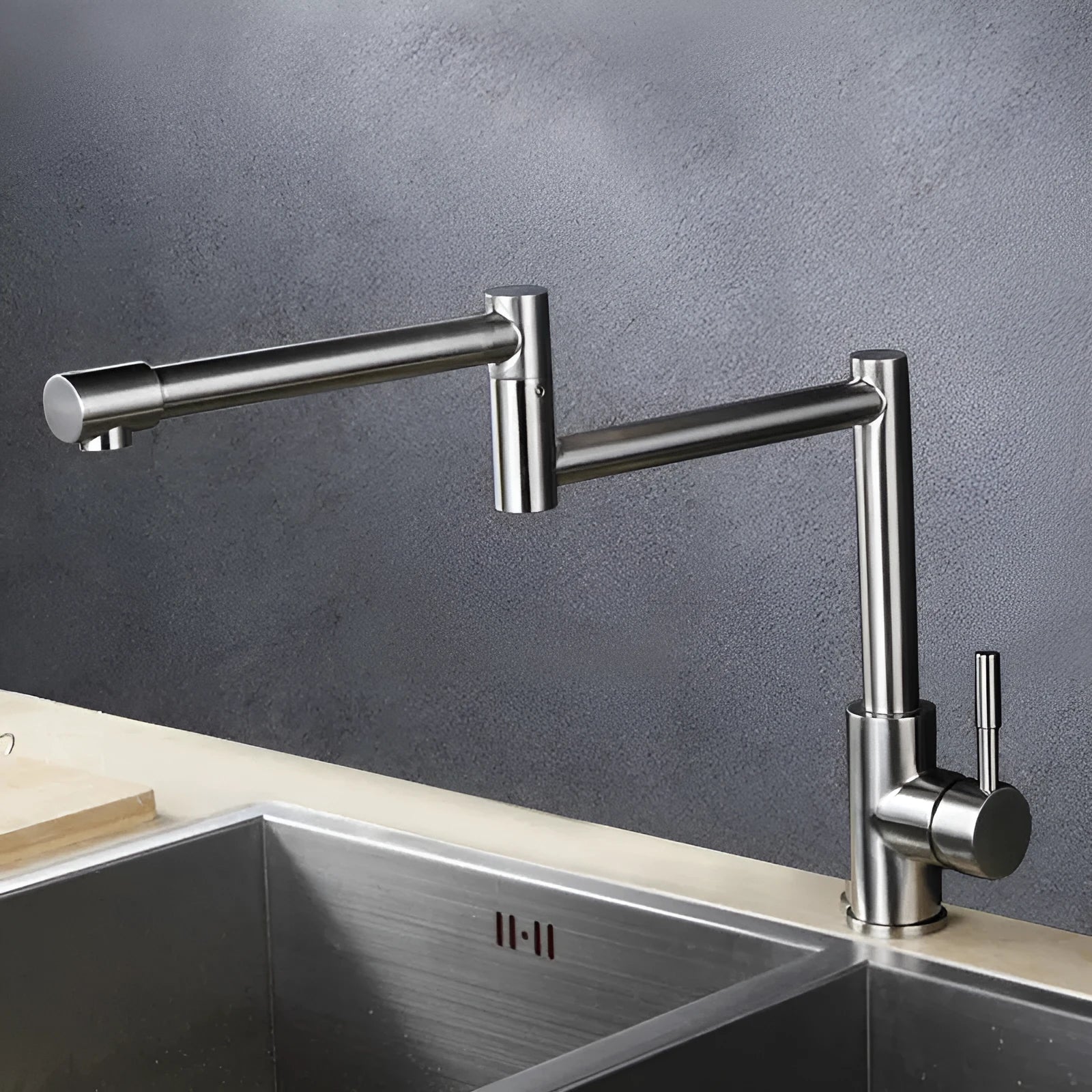 Silver stainless steel dual-open mixing tap with 360-degree rotation function