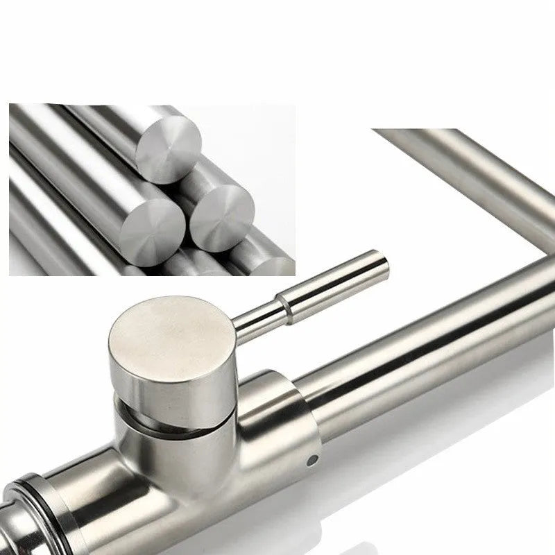Silver stainless steel dual-open mixing tap with 360-degree rotation function