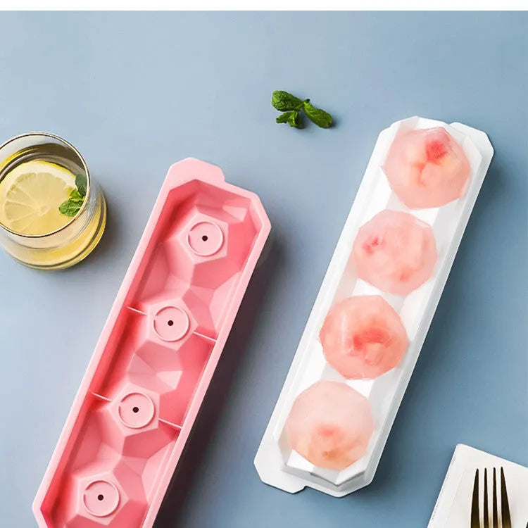 Silicone ice tray showing ice hockey artifact, round and pentagon mould designs in various colour options