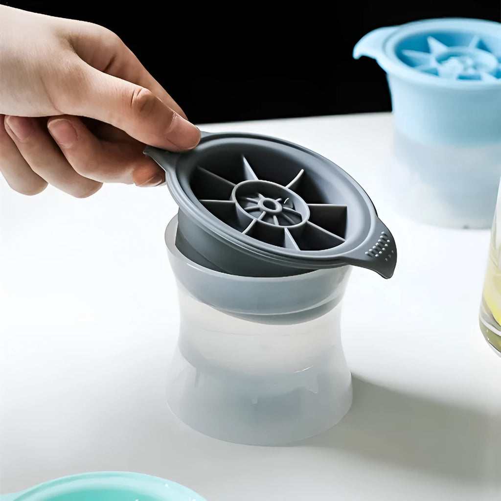 Silicone ice tray showing ice hockey artifact, round and pentagon mould designs in various colour options