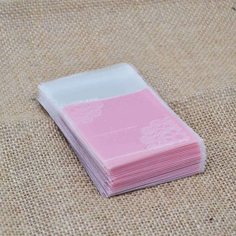 Pink self-adhesive plastic packaging bags for handmade soap with 7x7+3cm dimensions
