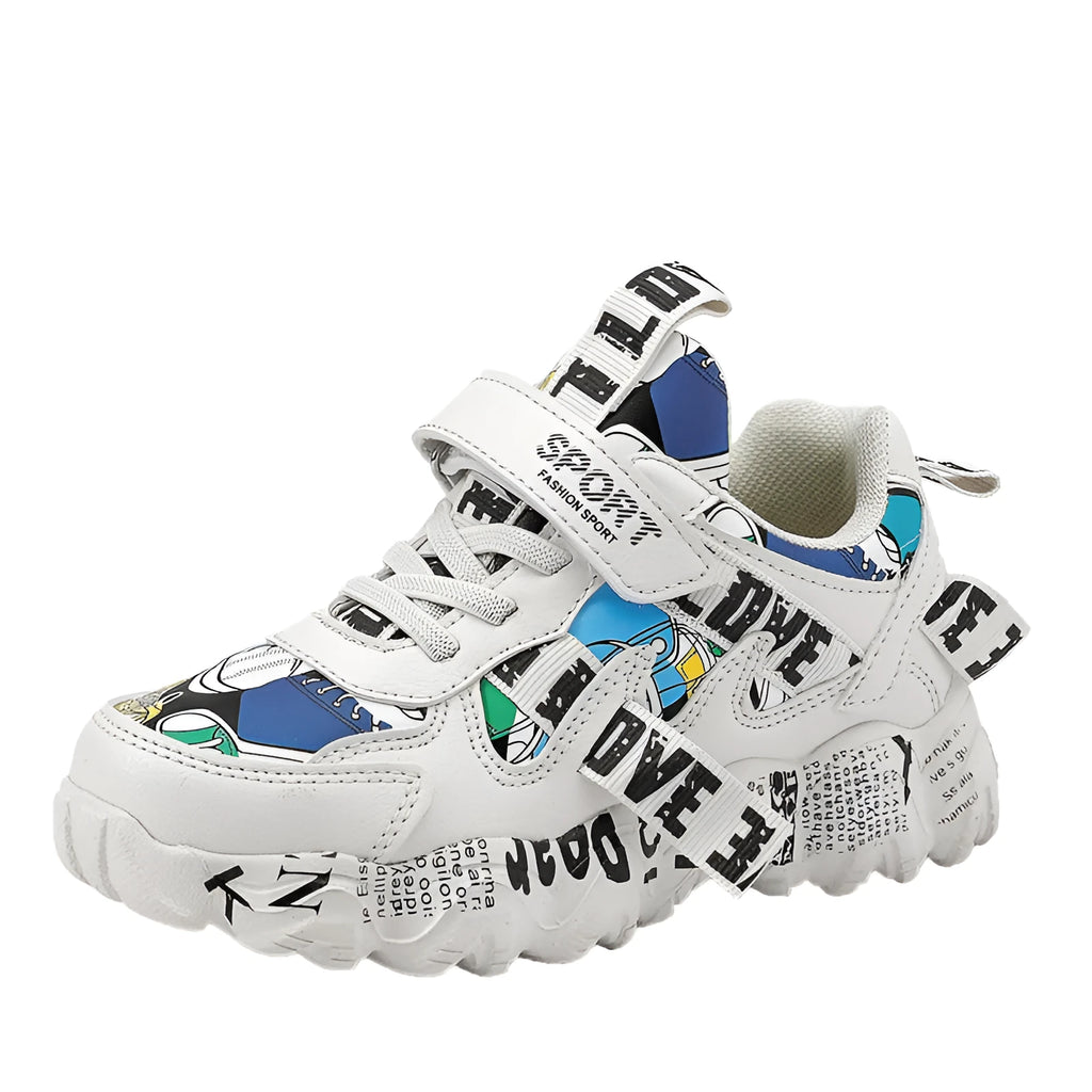 Kids sports sneakers with thick rubber soles and Velcro fastening in beige blue colour