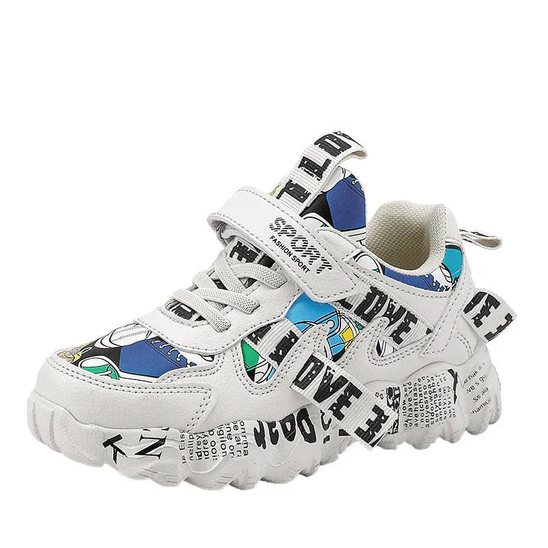 Kids sports sneakers with thick rubber soles and Velcro fastening in beige blue colour