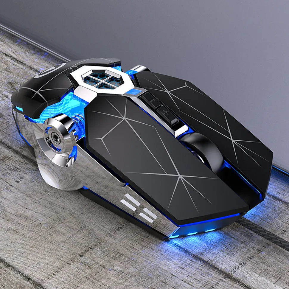 Wired gaming mouse in black with 7 buttons, USB cable, and adjustable DPI settings for desktop and notebook use