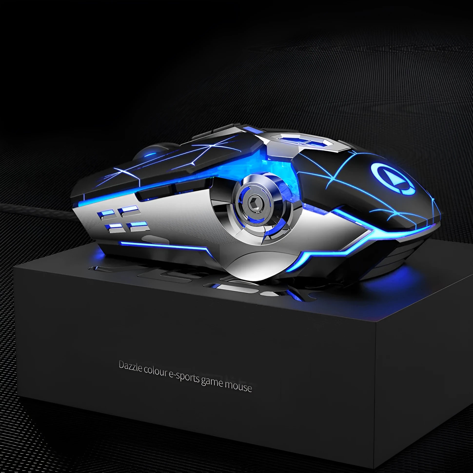 Wired gaming mouse in black with 7 buttons, USB cable, and adjustable DPI settings for desktop and notebook use