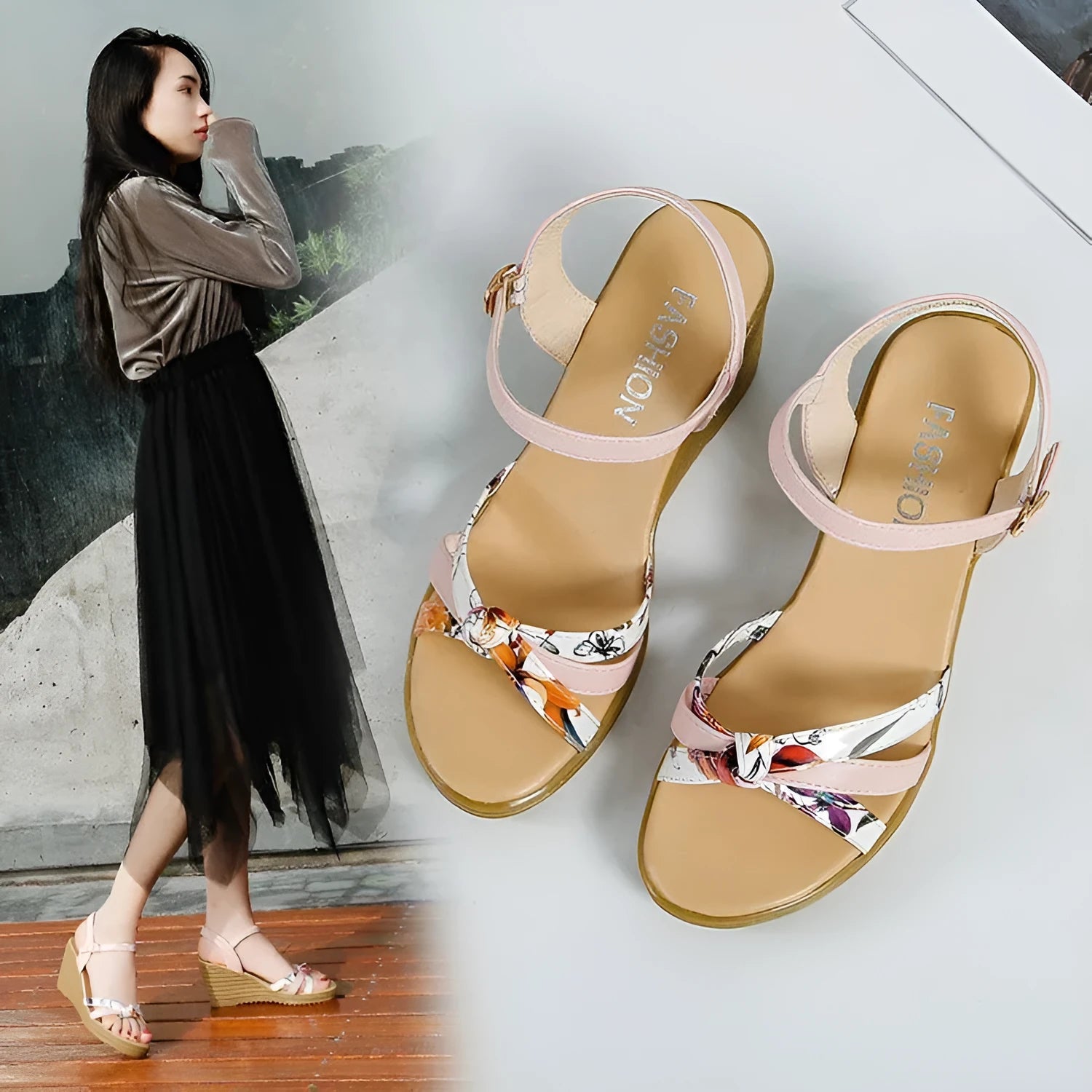 Women's pink wedge sandals with fish mouth design and thick non-slip heel on white background.