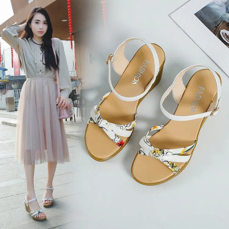 Women's pink wedge sandals with fish mouth design and thick non-slip heel on white background.