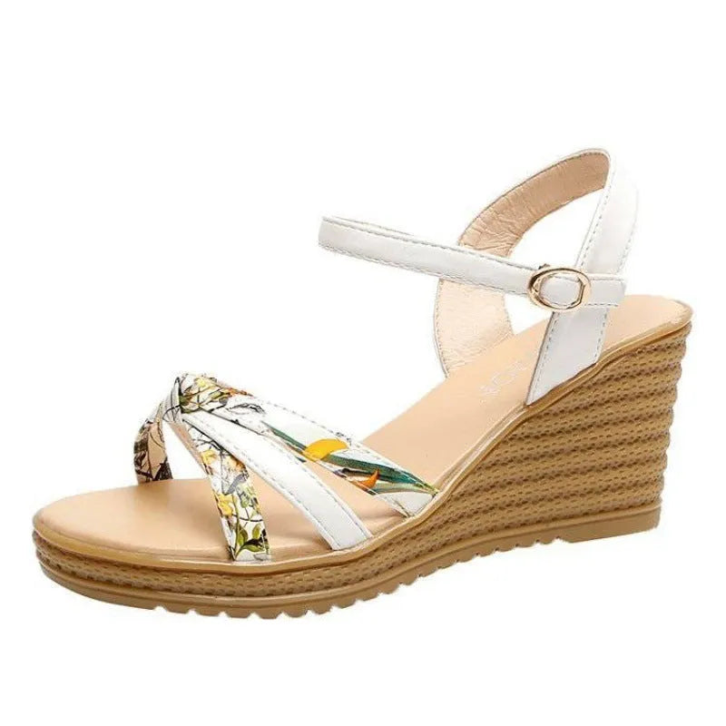 Women's pink wedge sandals with fish mouth design and thick non-slip heel on white background.