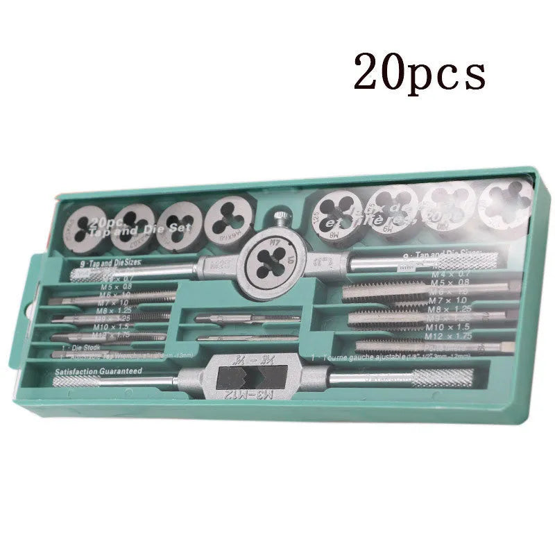 20-piece hand tap and die set with metric taps and dies in alloy steel, silver or titanium-plated finish