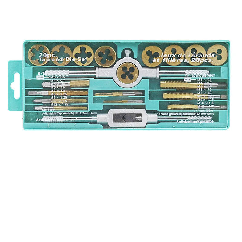 20-piece hand tap and die set with metric taps and dies in alloy steel, silver or titanium-plated finish