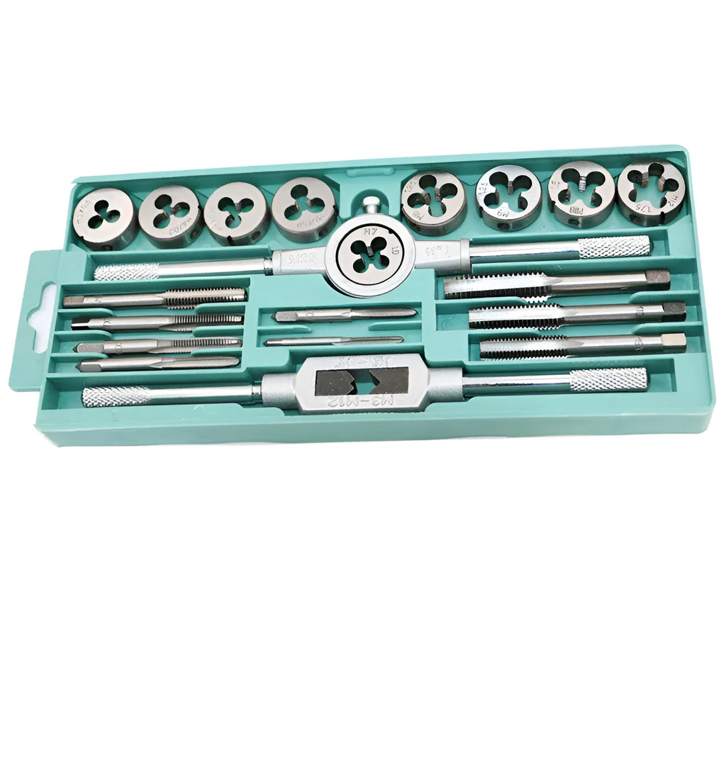 20-piece hand tap and die set with metric taps and dies in alloy steel, silver or titanium-plated finish