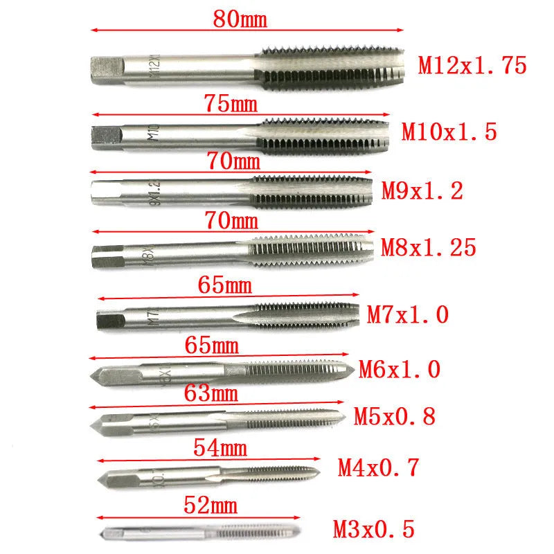 20-piece hand tap and die set with metric taps and dies in alloy steel, silver or titanium-plated finish