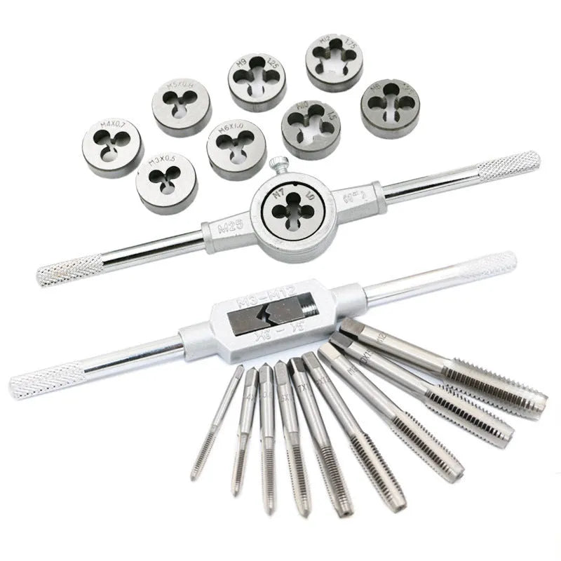 20-piece hand tap and die set with metric taps and dies in alloy steel, silver or titanium-plated finish
