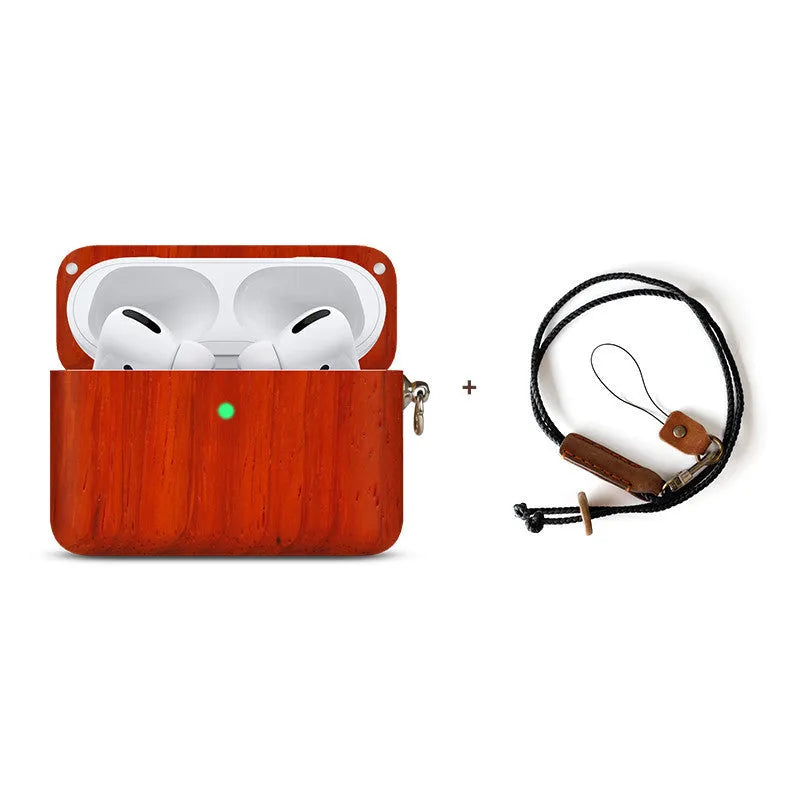 Hardwood Bluetooth earphone sleeve in a choice of wood types next to wireless earphones.