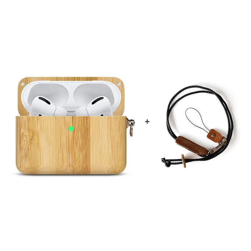 Hardwood Bluetooth earphone sleeve in a choice of wood types next to wireless earphones.