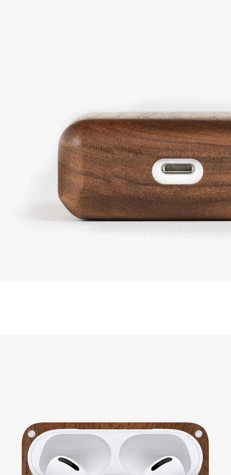 Hardwood Bluetooth earphone sleeve in a choice of wood types next to wireless earphones.