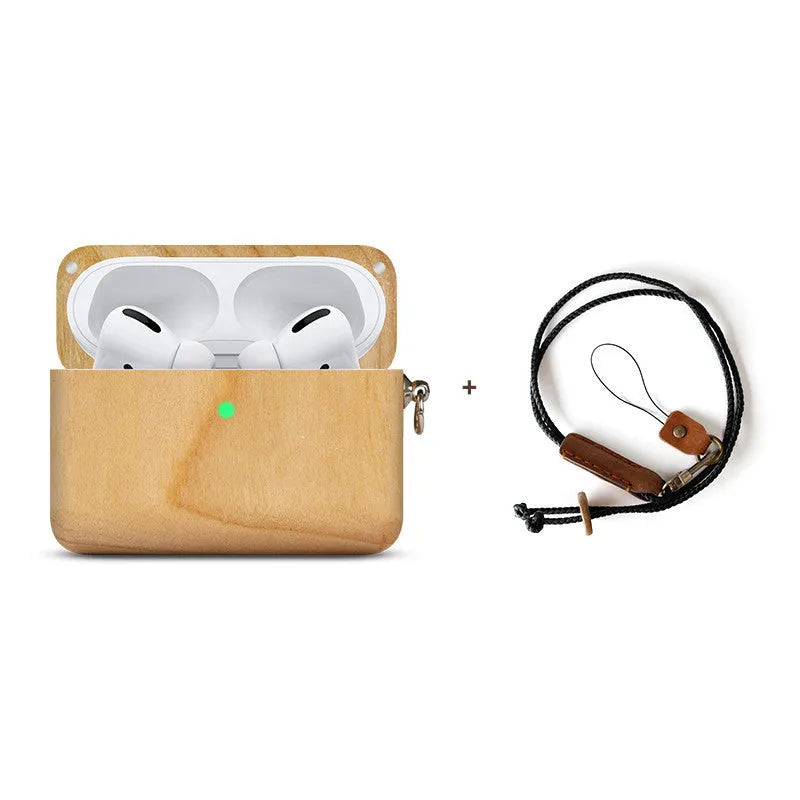 Hardwood Bluetooth earphone sleeve in a choice of wood types next to wireless earphones.