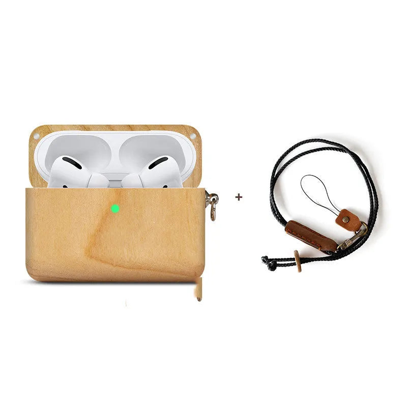 Hardwood Bluetooth earphone sleeve in a choice of wood types next to wireless earphones.