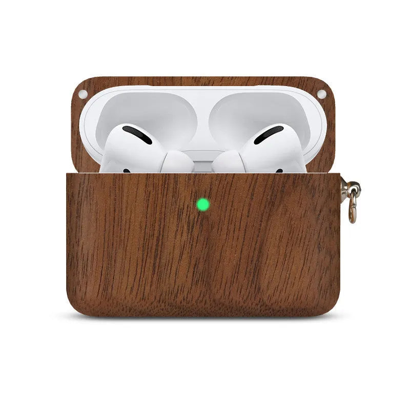 Hardwood Bluetooth earphone sleeve in a choice of wood types next to wireless earphones.