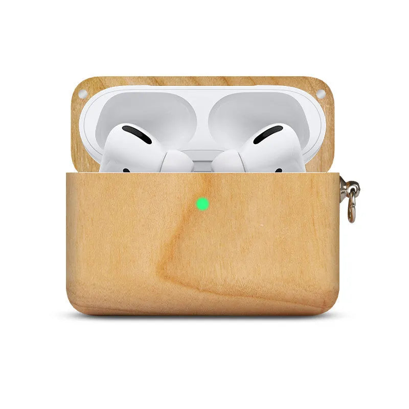 Hardwood Bluetooth earphone sleeve in a choice of wood types next to wireless earphones.