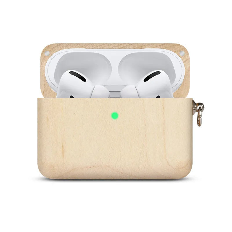 Hardwood Bluetooth earphone sleeve in a choice of wood types next to wireless earphones.