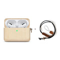 Hardwood Bluetooth earphone sleeve in a choice of wood types next to wireless earphones.
