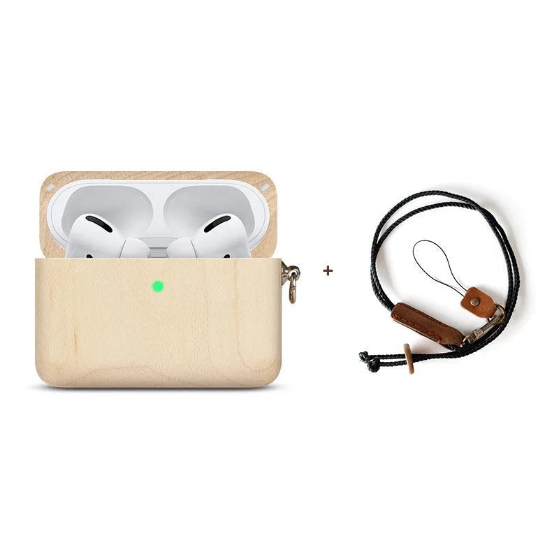 Hardwood Bluetooth earphone sleeve in a choice of wood types next to wireless earphones.